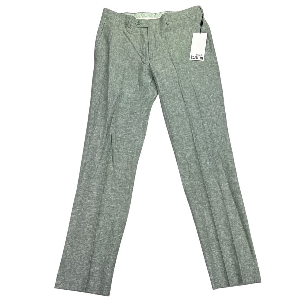 Bar III Mens Slim Fit Linen Cotton Stretch Solid Suit Pants Green 33x32